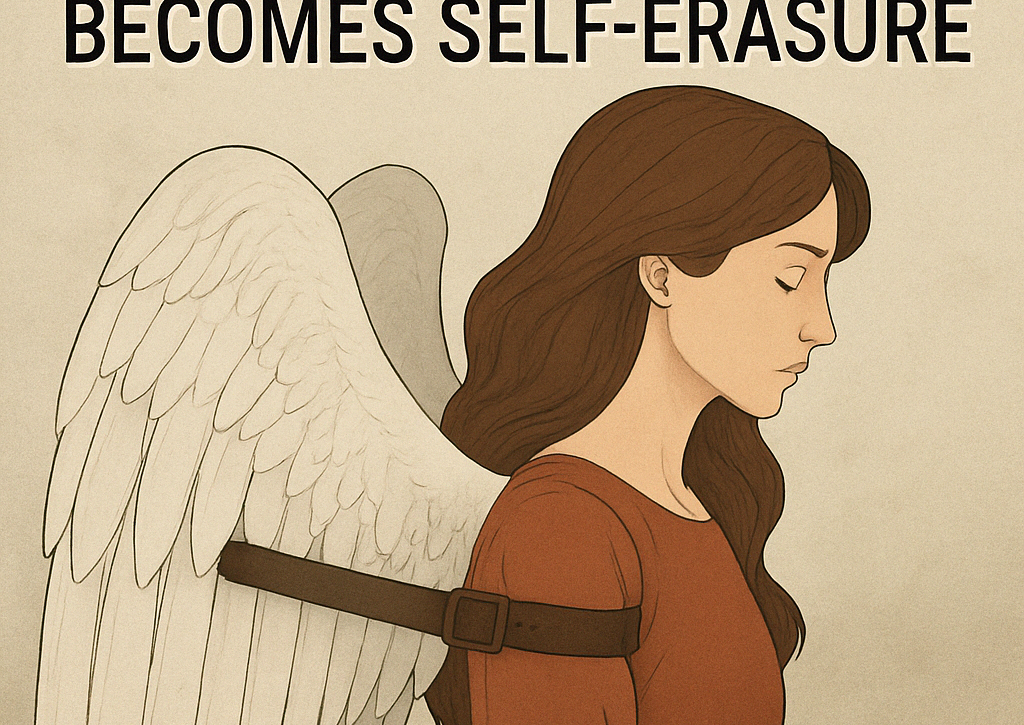 A digital illustration of a woman with large, majestic wings bound by a leather strap across her back. She stands still in soft light, her gaze calm but distant. The background is minimal and muted, symbolizing inner strength constrained by external expectations. The image evokes themes of suppressed potential, emotional restraint, and the quiet tension of unexpressed power.