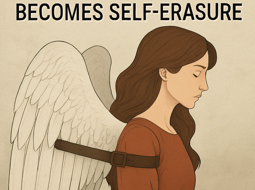A digital illustration of a woman with large, majestic wings bound by a leather strap across her back. She stands still in soft light, her gaze calm but distant. The background is minimal and muted, symbolizing inner strength constrained by external expectations. The image evokes themes of suppressed potential, emotional restraint, and the quiet tension of unexpressed power.